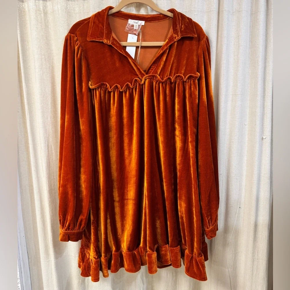 NWT, Rust Orange, Ruffle Bottom, Ruffle Chest Trim, Collared Velvet Dress - Picture 1 of 4